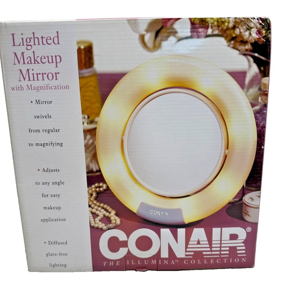 NEW Vtg Conair Lighted Makeup Mirror Round Two Sided 2000 Folds Stand